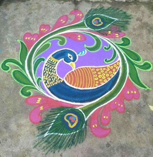 latest peacock rangoli designs freehand