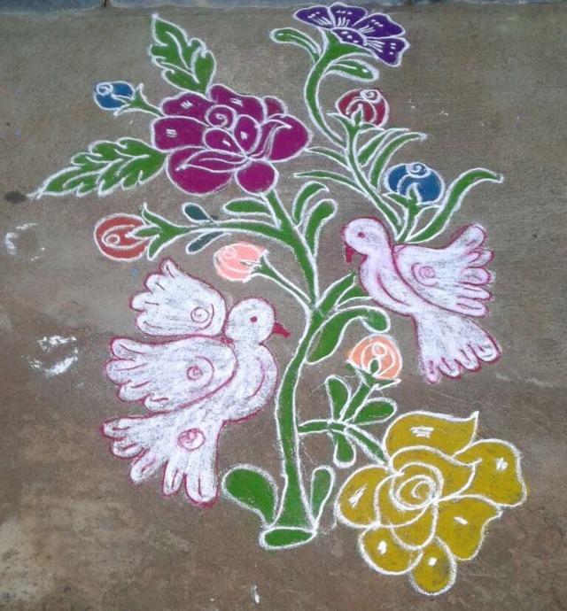 rangoli of flowers and leaves